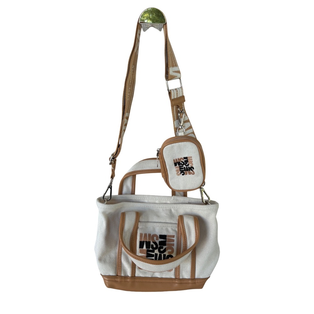 Steve‎ Madden Crossbody Tote Women Small Cream Tan Excellent Canvas Multi Pouch